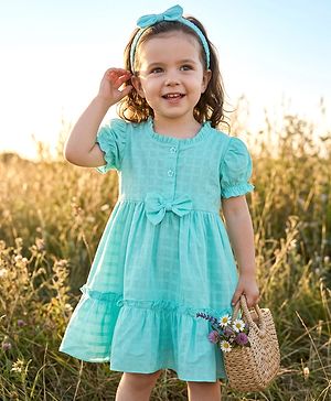 Babyhug Cotton Woven Half Puffed Sleeves Solid Colour Tiered Frock with Headband & Bow Applique - Light Blue
