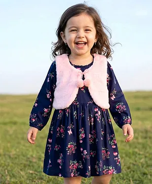Babyhug Twill Woven Full Sleeves
                                  Floral Printed Frock with Jacket -
                                  Navy Blue