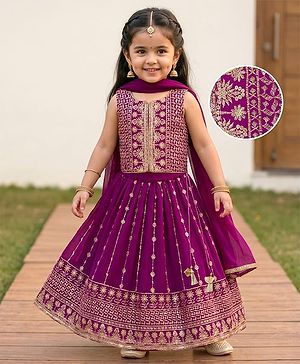 Babyhug Georgette Woven Sleeveless Lehenga Choli Set With Floral Embroidery & Dupatta - Wine