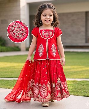 Babyhug Georgette Woven Half Sleeves Lehenga Choli Set With Chinnon Embroidery & Dupatta - Red