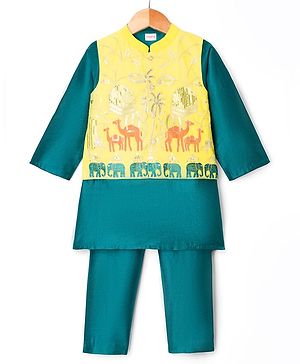 Babyhug Cotton Blend Woven Full Sleeves Kurta Pajama Set with Jacket & Jungle Theme Embroidery - Green