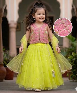 Babyhug Net Woven Sleeveless Floral Embroidered Choli Lehenga Set with Dupatta & Sequin Detailing - Limegreen & Fuschia