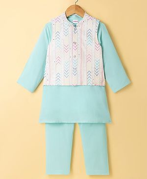 Babyhug Cotton Blend Woven Full Sleeves Kurta Pyjama Set with Embroidered Nehru Jacket - Aqua Blue