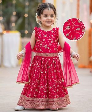 Babyhug Georgette Woven Sleeveless Chinnon Embroidered Choli Lehenga Set with Dupatta & Lace Detailing- Pink