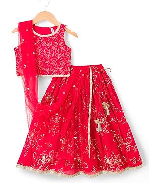 Babyhug Georgette Woven Sleeveless Chinnon Sequin Embroidered Choli Lehenga  & Dupatta Set with Lace Detailing -  Red