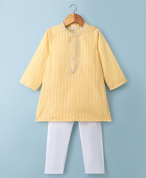 Babyhug Cotton Blend Woven Full Sleeves Striped Kurta Pyjama Set - Yellow