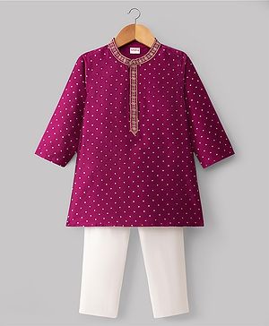 Babyhug Cotton Blend Woven Full Sleeves Kurta Pyjama Set with Foil Polka Dot Print - Fuchsia