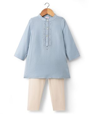 Babyhug Rayon Woven Full Sleeves Floral Embroidered Dobby Solid Kurta Pyjama Set - Light Blue