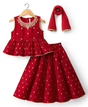 Babyhug Cotton Blend Woven Sleeveless
                              Foil Printed Lehenga Choli Set with
                              Embroidery & Dupatta - Red