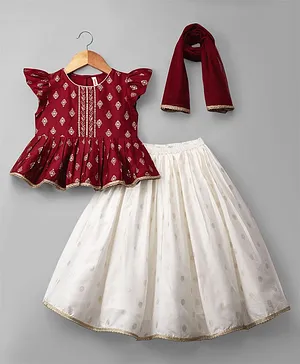 Babyhug Chanderi Woven Half Sleeves
                              Floral Foil Printed Choli Lehenga Set With
                              Dupatta - White & Red