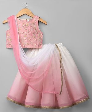 Babyhug Chanderi Woven Sleeveless Floral Embroidered Choli & Lehenga Set With Dupatta - Pink