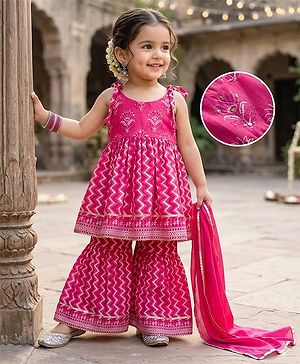 Babyhug Cambric Woven Sleeveless Kurti Gharara Set with Dupatta & Floral Print - Fuchsia