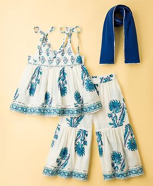 Babyhug Cambric Woven Sleeveless Kurti Gharara Set With Floral Print & Dupatta - White