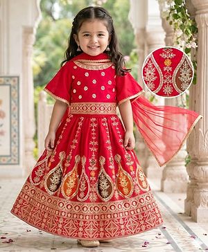 Babyhug Georgette Woven Half Flutter Sleeves Choli Lehenga Set with Dupatta Chinnon Embroidery & Sequin Detailing - Red