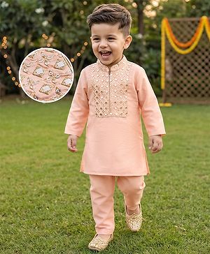 Babyhug Cotton Blend Woven Full Sleeves Solid Color Kurta Pajama Set with Embroidery - Peach
