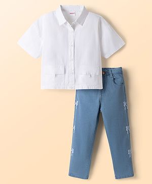 Babyhug Cotton Woven Half Sleeves Top & Jeans Set With Bow Embroidery - White & Light Blue