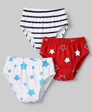 Babyhug 100% Cotton Single Jersey Knit Briefs With Stripes & Star Print Pack of 3 - White, Red & Light Blue