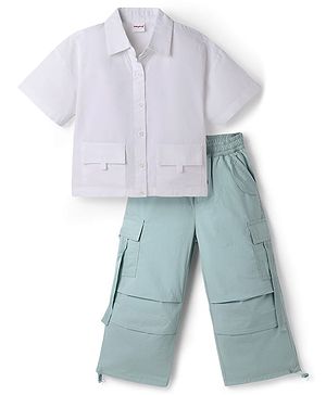 Babyhug Cotton Woven Half Sleeves Solid Top & Pant Set - White & Light Green