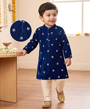 Babyhug Velvet Woven Full Sleeves Kurta Pajama Set with Floral Embroidery - Navy Blue