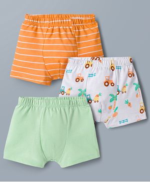 Babyhug 100% Cotton Knit Striped & Tractor Printed Trunks Pack of 3 - Multicolor