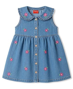Babyhug Cotton Woven One Piece Dress Sleeveless Peter Pan Collar Floral Embroidered Blue 6-9 Months