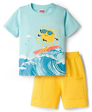 Babyhug Single Jersey Knit Half Sleeves T-Shirt & Shorts Set with Surfing Print - Blue & Yellow