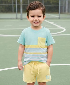 Babyhug Single Jersey Knit Half Sleeves Cut & Sew Striped T-Shirt & Shorts Set - Yellow