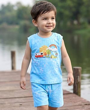 Babyhug 100% Cotton Knit Sleeveless Vehicles Printed Tank T-Shirt & Shorts Set - Light Blue
