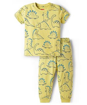 Babyhug Cotton Knit Half Sleeves T-Shirt & Pyjama Night Co-ord Night Suit With Dino Print - Green
