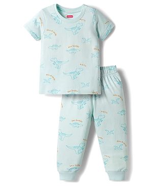 Babyhug Cotton Knit Half Sleeves T-Shirt & Pajama Night Suits with Dino Print - Blue