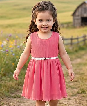 Babyhug Woven Sleeveless Solid Color Frock with Belt - Pink