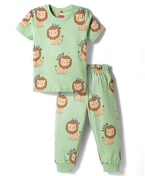 Babyhug Cotton Knit Full Sleeves T-Shirt & Pyjama Co-ord Night Suit With Lion Print - Green