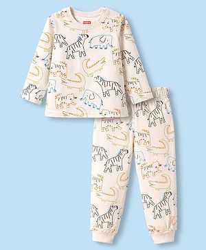 Babyhug Cotton Knit Full Sleeves T-Shirt & Pyjama Co-ord Night Suit with Animal Print - Brown