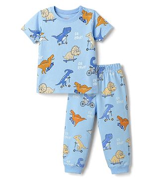 Babyhug Cotton Knit Half Sleeves Dino Printed Co-Ords T-Shirt & Pyjama Night Suit - Blue