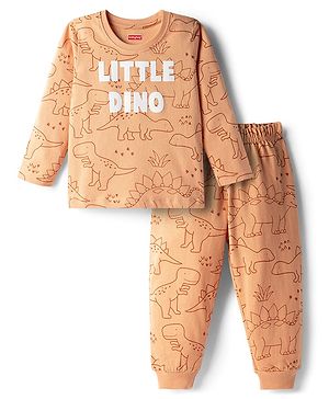 Babyhug Cotton Knit Full Sleeves T-Shirt & Pyjama Co-ord Night Suit With Dino Print - Brown