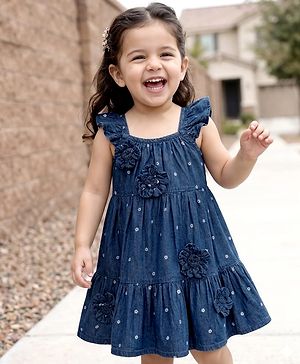 Babyhug Woven Sleeveless Denim Frock With Polka Dot Print & Floral Print - Blue