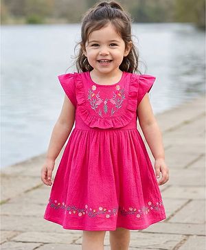 Babyhug Twill Woven Sleeveless Floral Embroidered Frock with Frill Detailing - Pink