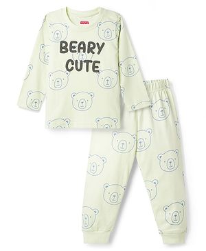 Babyhug Cotton Knit Full Sleeves T-Shirt & Pyjama Night-Suit With Bear Print - Green