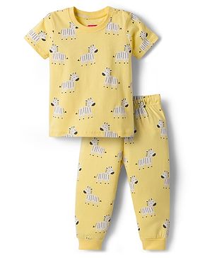 Babyhug Cotton Knit Half Sleeves T-Shirt & Pyjama Night Co-ord Night Suit With Zebra Print - Yellow