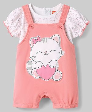 Babyhug Single Jersey Knit Romper Style Dungaree & T-Shirt With Kitten & Polka Dots Print - Pink & White
