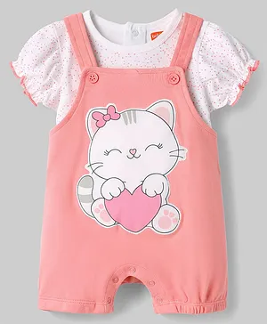 Babyhug Single Jersey Knit Romper
                              Style Dungaree & T-Shirt With Kitten
                              & Polka Dots Print - Pink & White