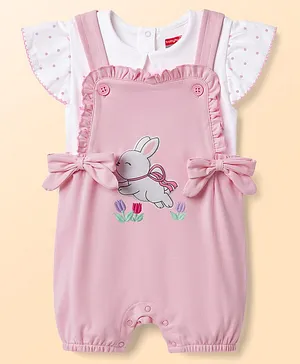 Babyhug Single Jersey Knit Dungaree
                              & Half Sleeves Inner Tee with Bunny
                              Patch - White & Pink