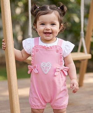 Babyhug Single Jersey Knit Dungaree & Half Sleeves Inner Tee with Bow Embroidery - White & Pink