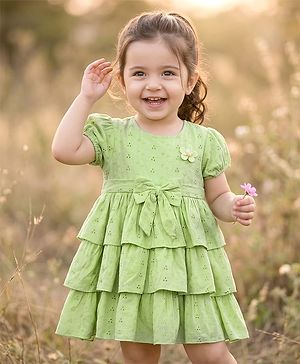 Babyhug Cotton Woven Half Sleeves Schiffili Frock with Bow & Floral Applique - Green