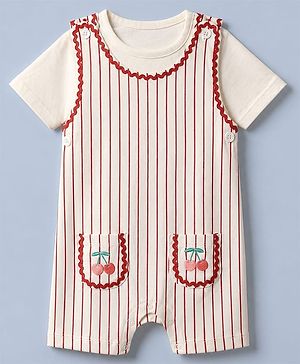 Babyhug Single Jersey Knit Half Sleeves Dungarees & Set With Cherry Embroidery - White