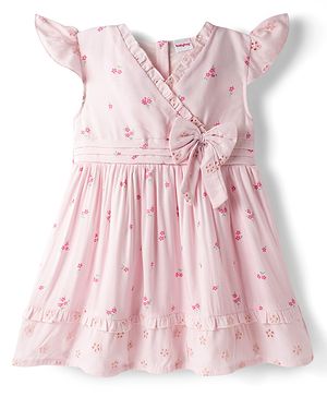 Babyhug Poplin Woven Frill Sleeves Floral Printed Frock with Bow Applique - Pink