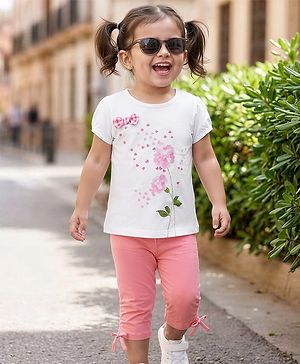 Babyhug Single Jersey Half Sleeves Top & Pyjama Set With Floral Print & Applique - White & Pink