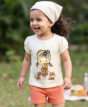 Babyhug 100% Cotton Single Jersey Knit Half Sleeves Top and Textured Shorts With Doll Graphic - White