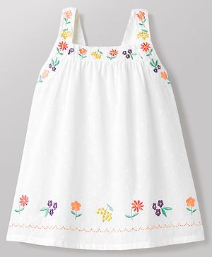 Babyhug Cotton Woven Sleeveless Floral Embroidered Frock - White