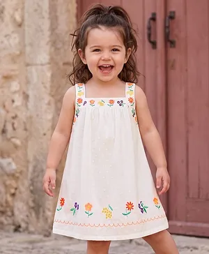 Babyhug Cotton Woven Sleeveless
                                  Floral Embroidered Frock - White